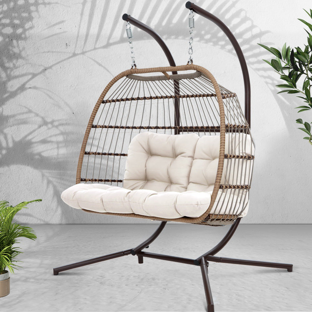 Gardeon Outdoor Furniture Hanging Swing Chair Stand Egg Hammock Rattan Wicker Latte