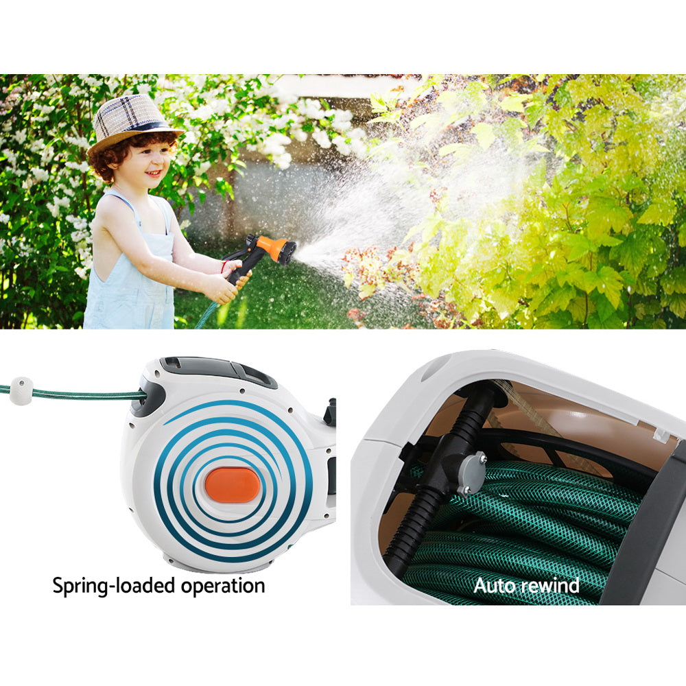 Greenfingers Retractable Hose Reel 20M Garden Water Brass Spray Gun Auto Rewind