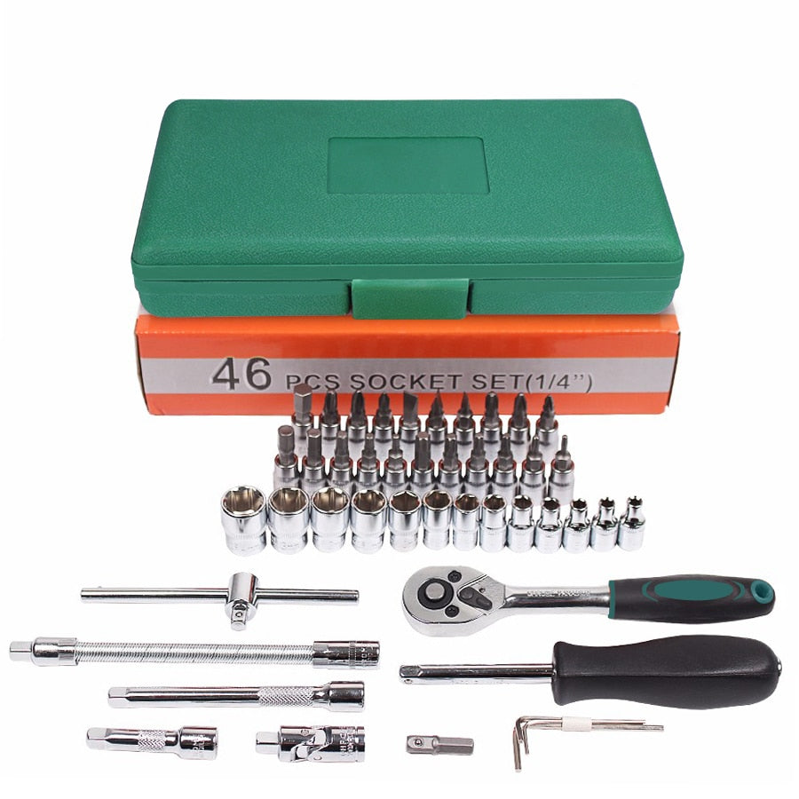 Car Repair Tool 46pcs 1/4-Inch Socket Set Car Repair Tool Ratchet Torque Wrench Combo Tools Kit Auto Repairing Tool Set