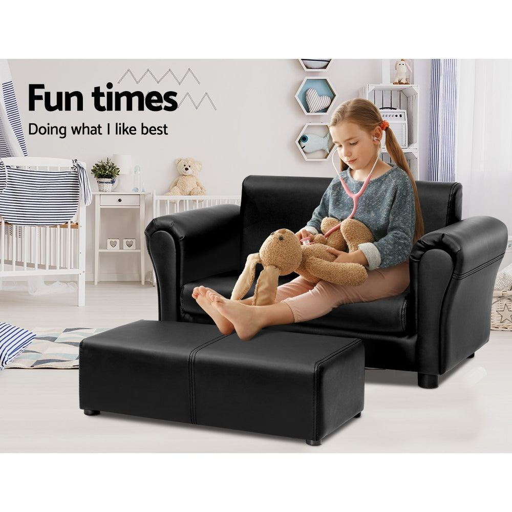 Artiss Kids Sofa Armchair Footstool Set Children Lounge Chair Couch Double Black