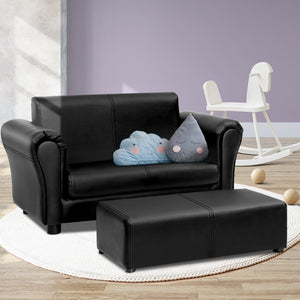 Artiss Kids Sofa Armchair Footstool Set Children Lounge Chair Couch Double Black