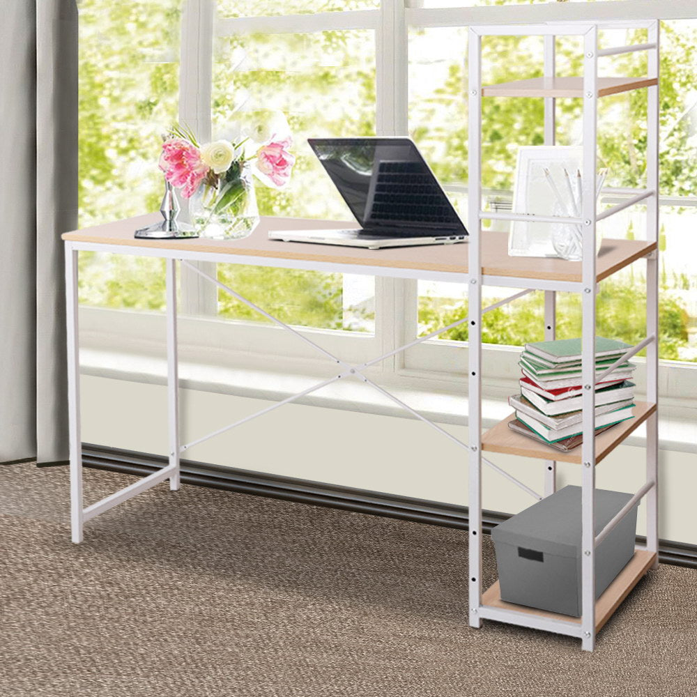 Artiss Metal Desk with Shelves - White with Oak Top