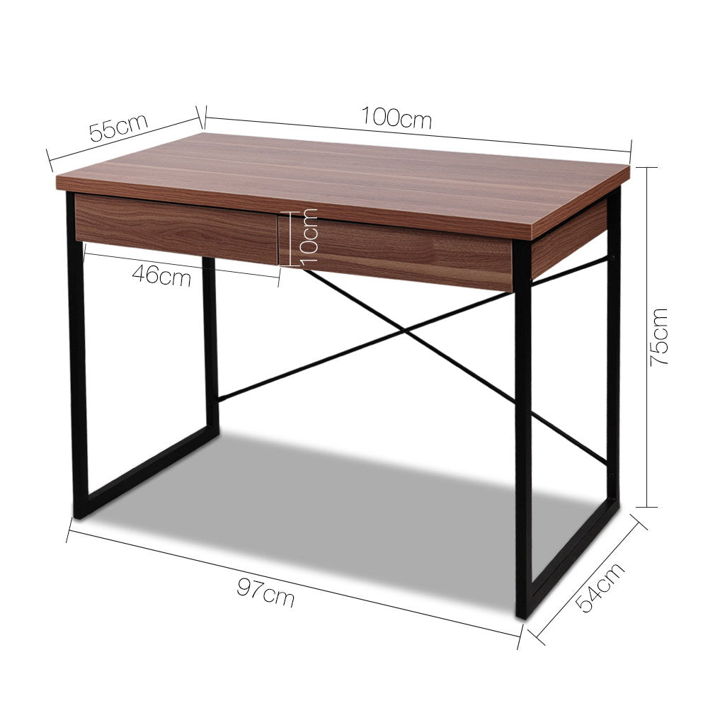 Artiss Metal Desk with Drawer - Walnut 