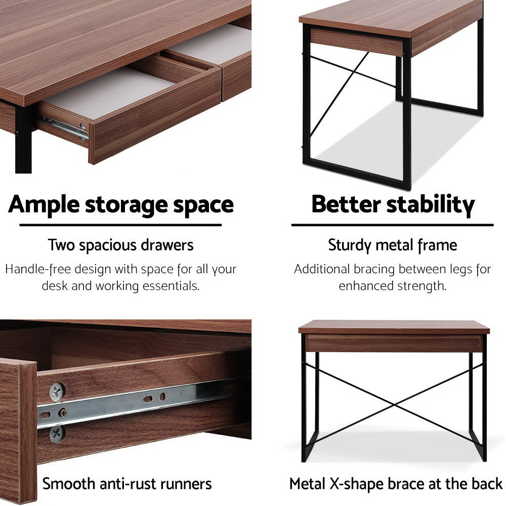 Artiss Metal Desk with Drawer - Walnut 