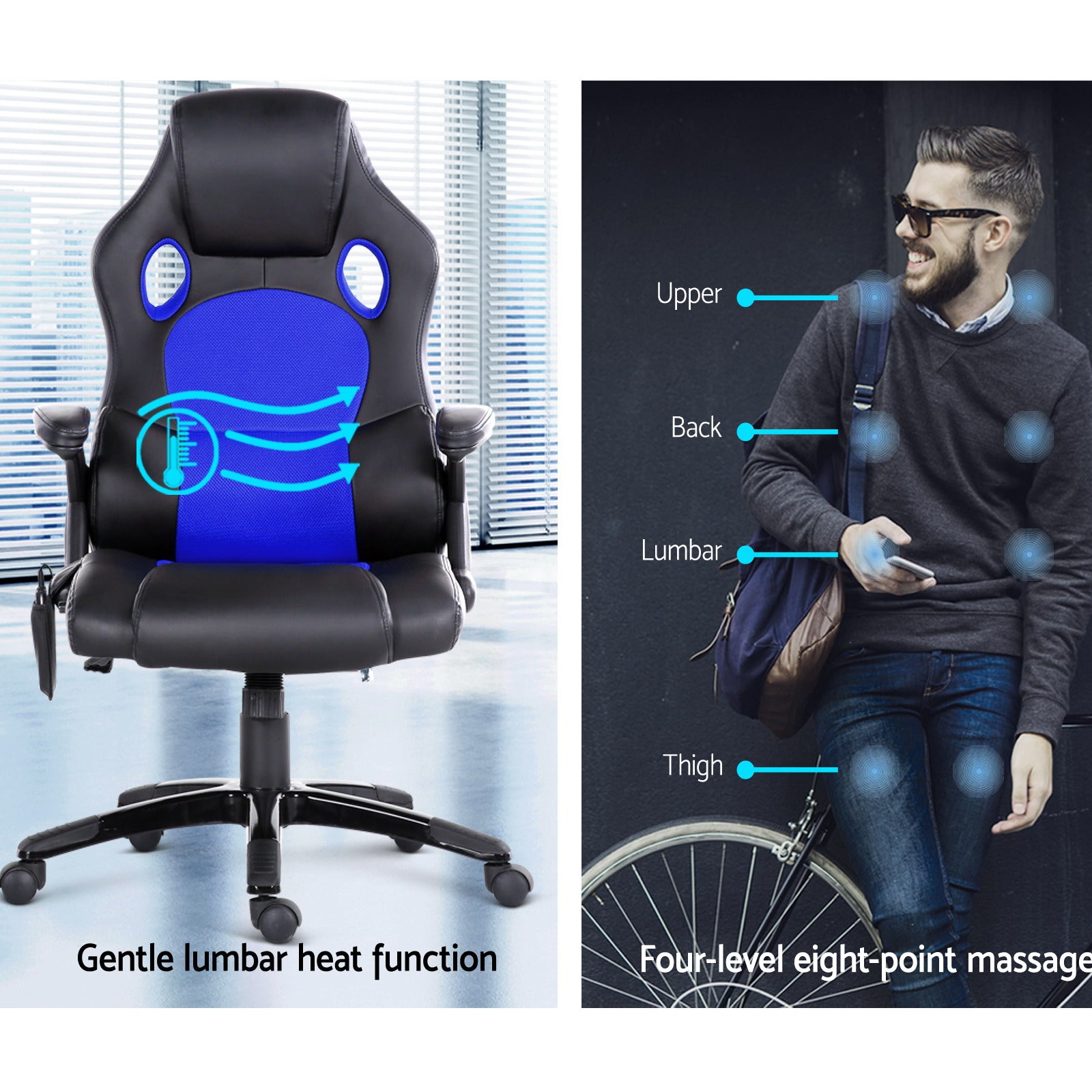 8 Point PU Leather Reclining Heated Massage Chair - Blue