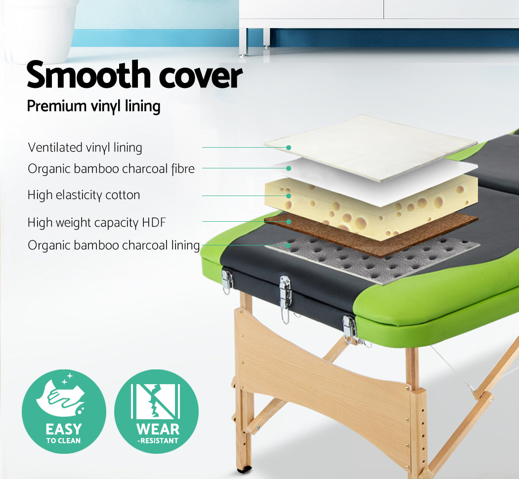 Zenses 3 Fold Portable Wood Massage Table - Black & Lime