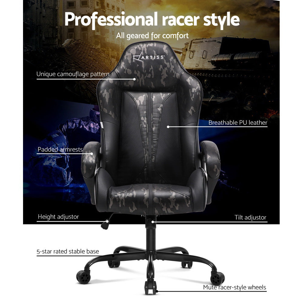 Artiss Gaming Office Chair Computer Chairs Leather Seat Racing Racer Meeting Chair Grey Camouflage