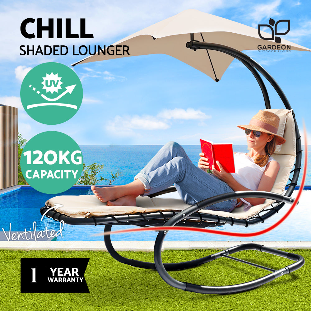 Gardeon Outdoor Rocking Armchair with Shade - Black & Beige