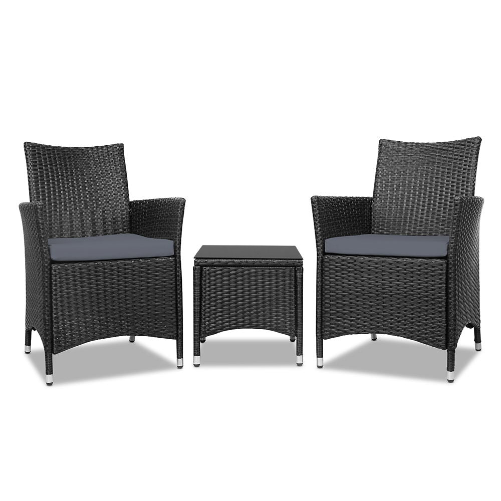 Gardeon 3pc Rattan Bistro Wicker Outdoor Furniture Set Black