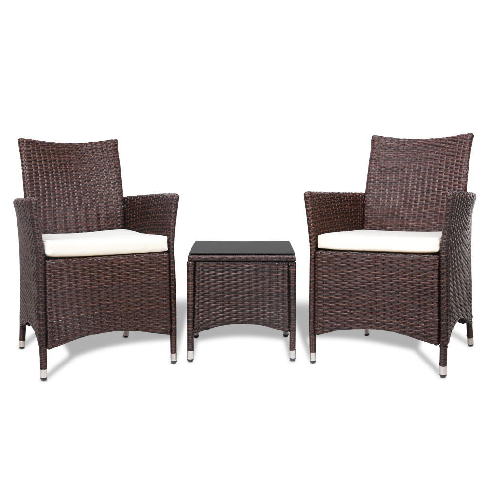 Gardeon 3pc Rattan Bistro Wicker Outdoor Furniture Set Brown