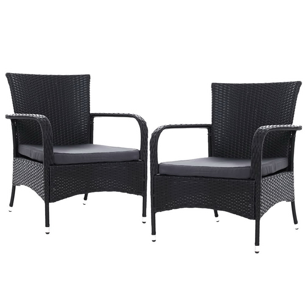 Outdoor Dining Chairs x2 Wicker Chair Patio Garden Furniture Bistro Setting Lounge Cafe Cushion Gardeon XL Black