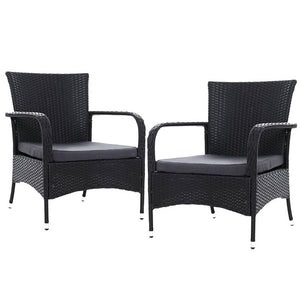 Outdoor Dining Chairs x2 Wicker Chair Patio Garden Furniture Bistro Setting Lounge Cafe Cushion Gardeon XL Black