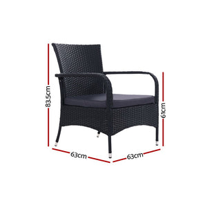 Outdoor Dining Chairs x2 Wicker Chair Patio Garden Furniture Bistro Setting Lounge Cafe Cushion Gardeon XL Black