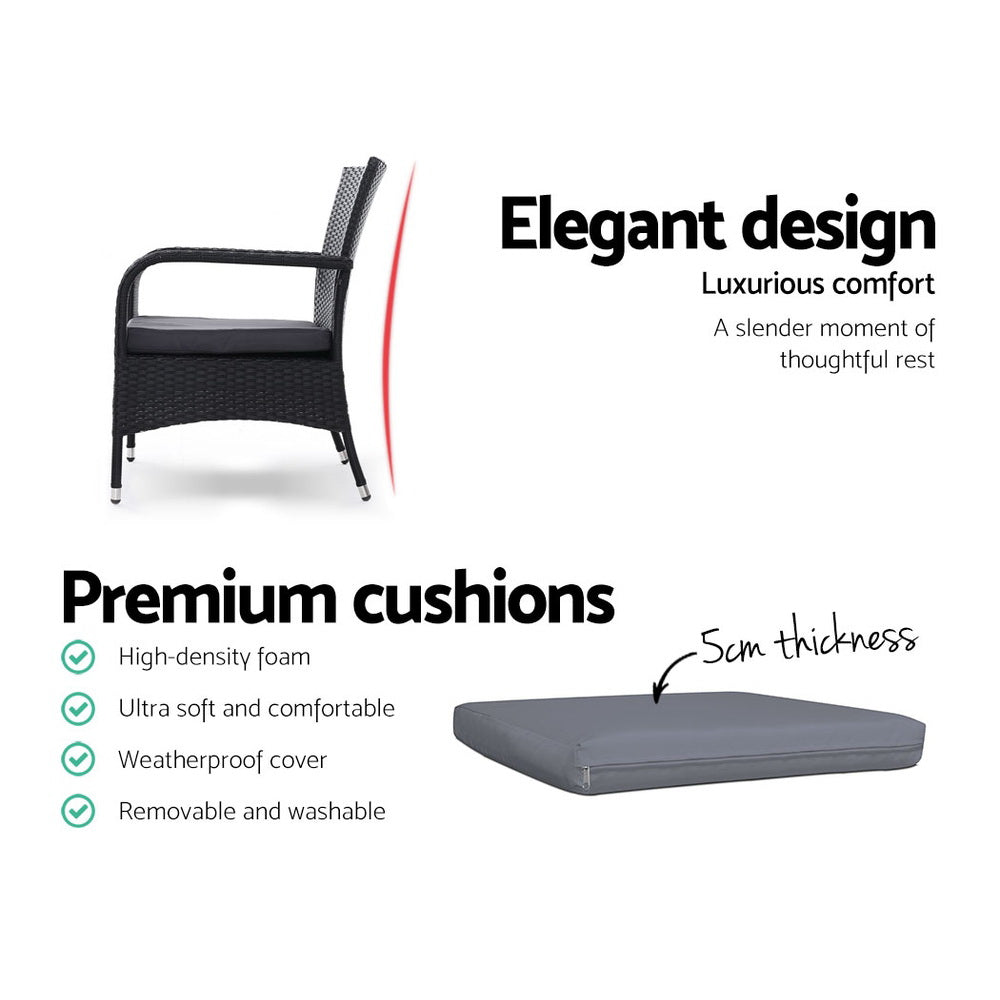 Outdoor Dining Chairs x2 Wicker Chair Patio Garden Furniture Bistro Setting Lounge Cafe Cushion Gardeon XL Black