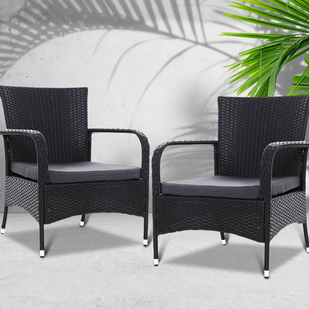 Outdoor Dining Chairs x2 Wicker Chair Patio Garden Furniture Bistro Setting Lounge Cafe Cushion Gardeon XL Black