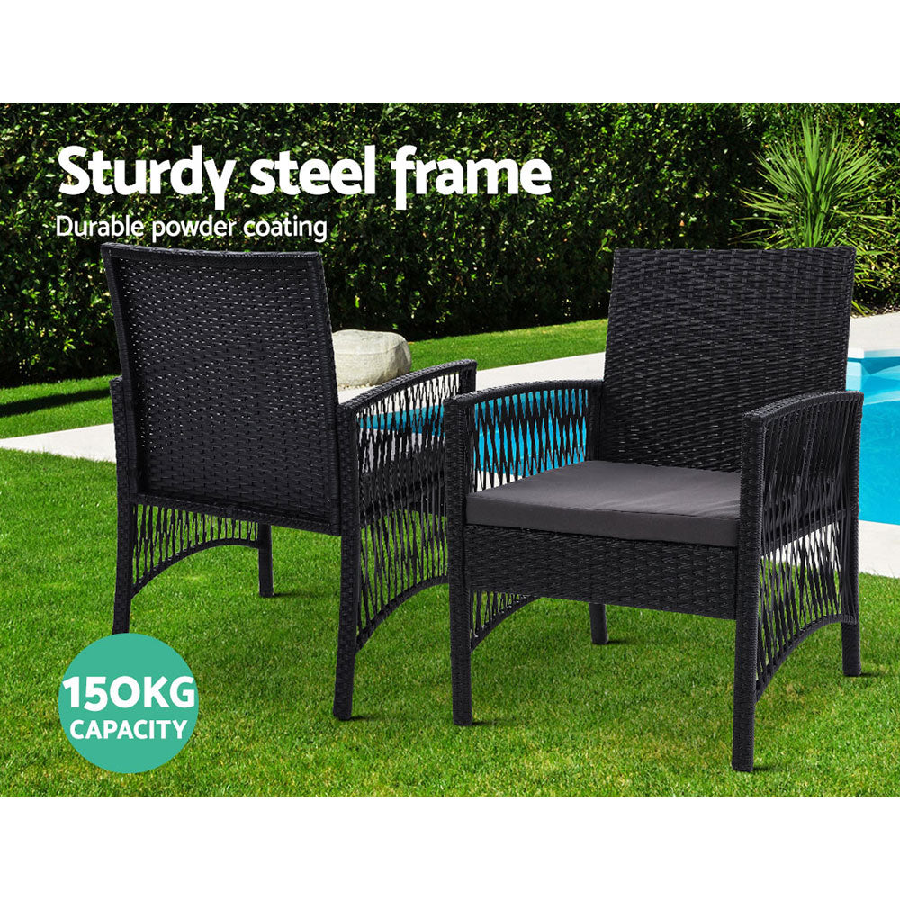 Gardeon Outdoor Furniture Dining Chairs Rattan Garden Patio Cushion Black 3PCS Tea Coffee Cafe Bar Set