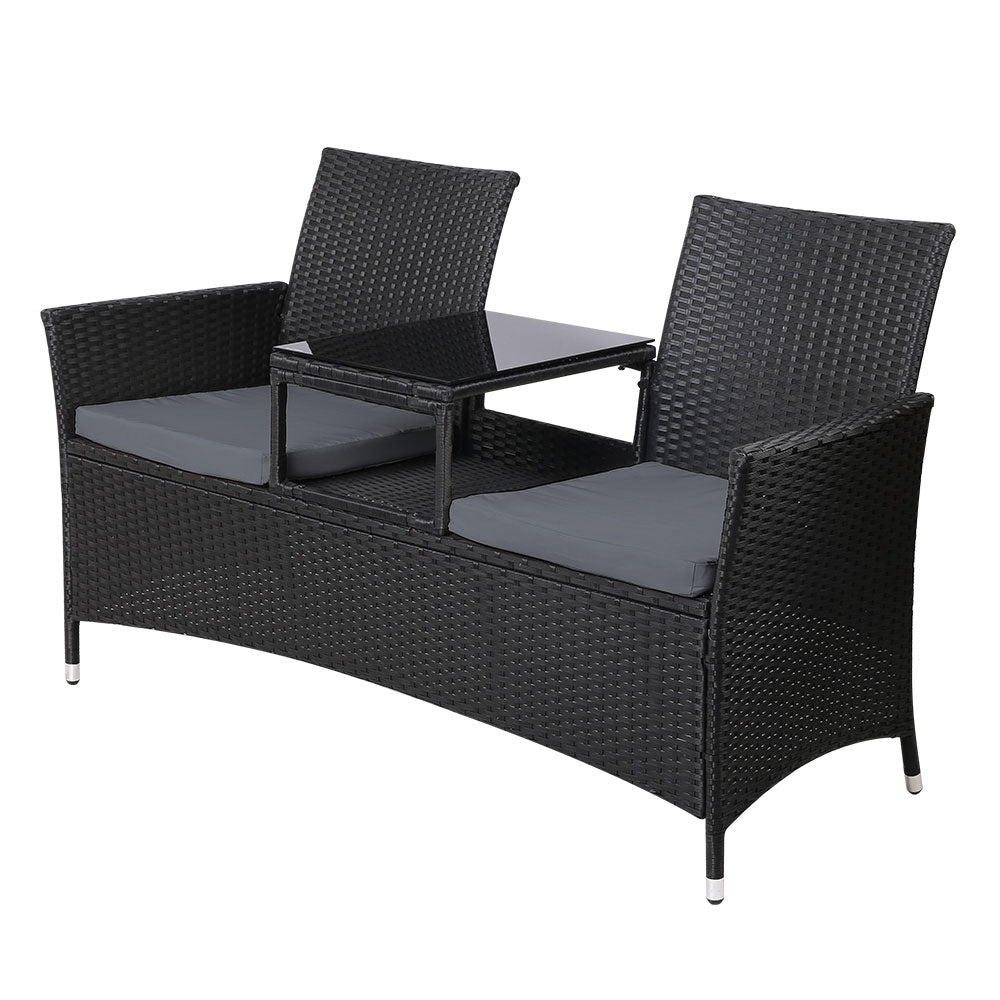 Gardeon Outdoor Furniture Chair Bench Sofa Table 2 Seat Cushions Wicker Black