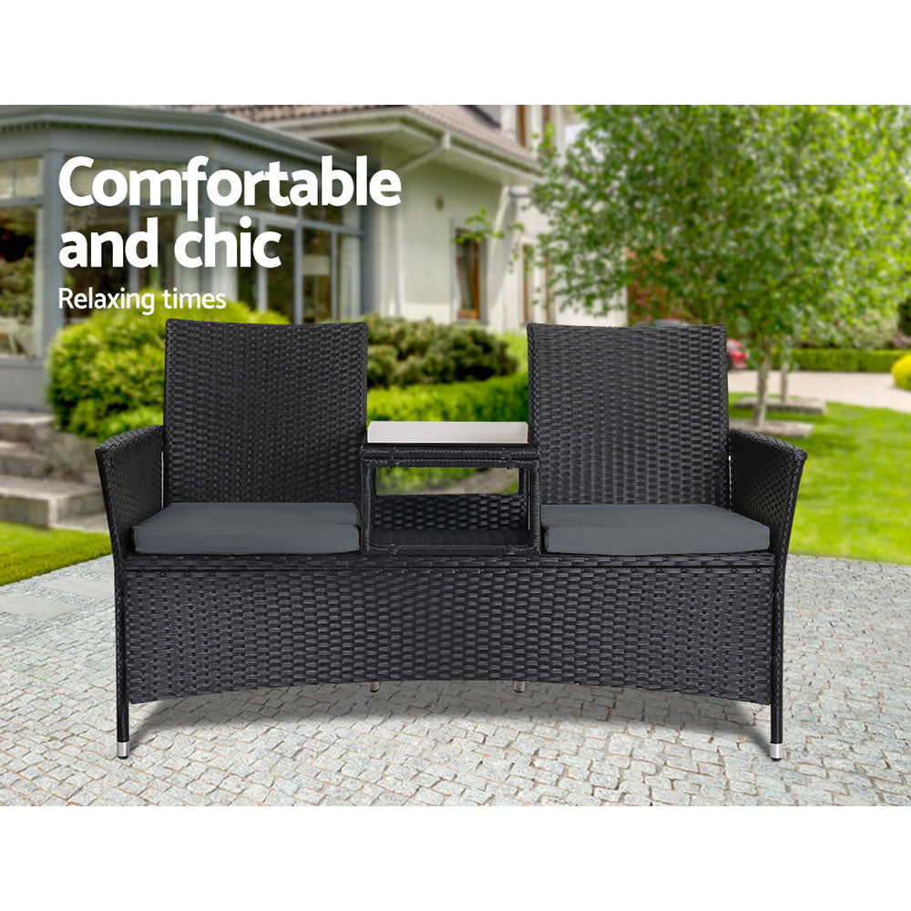 Gardeon Outdoor Furniture Chair Bench Sofa Table 2 Seat Cushions Wicker Black