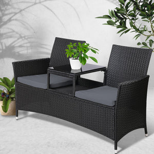 Gardeon Outdoor Furniture Chair Bench Sofa Table 2 Seat Cushions Wicker Black