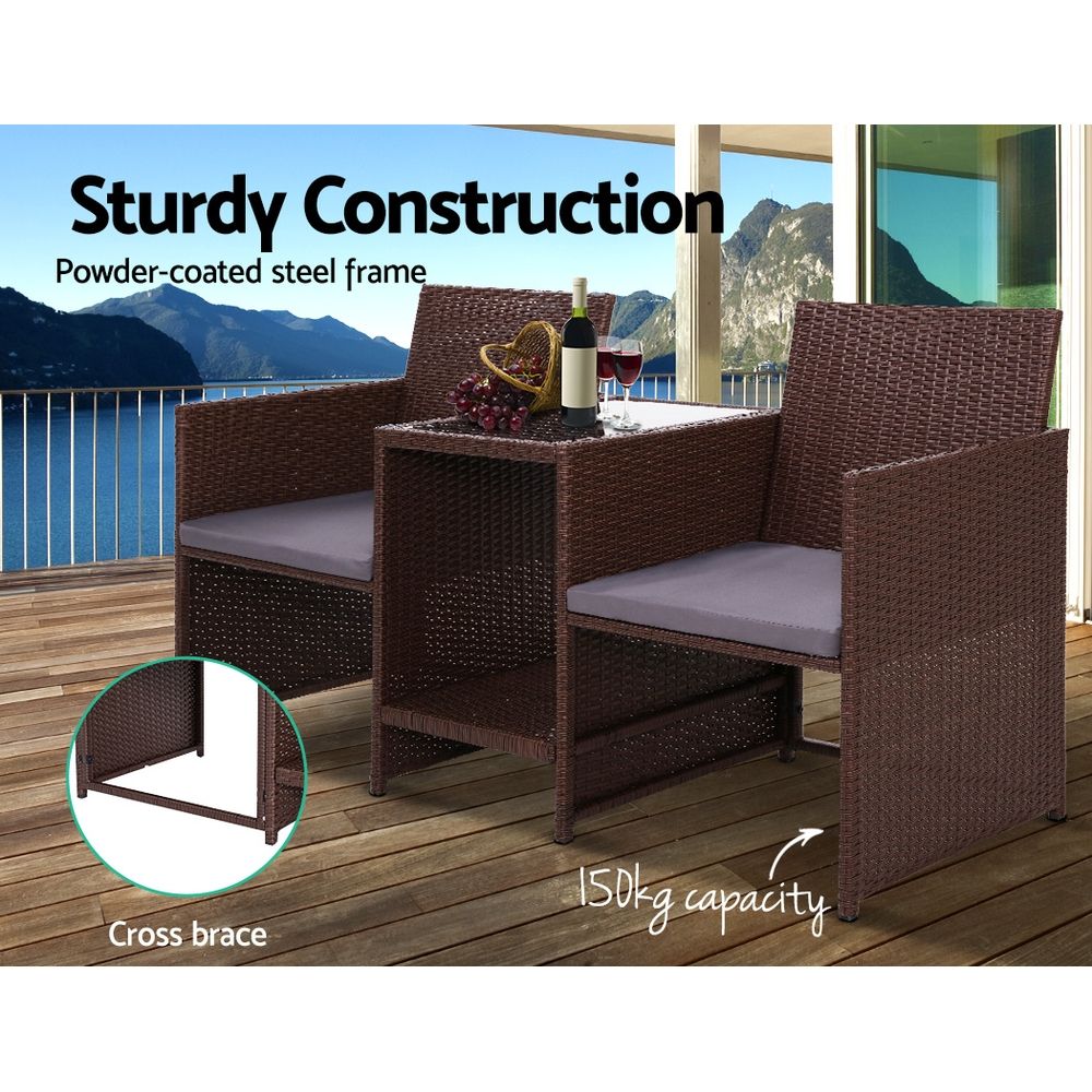 Gardeon Outdoor Setting Wicker Loveseat Birstro Set Patio Garden Furniture Brown