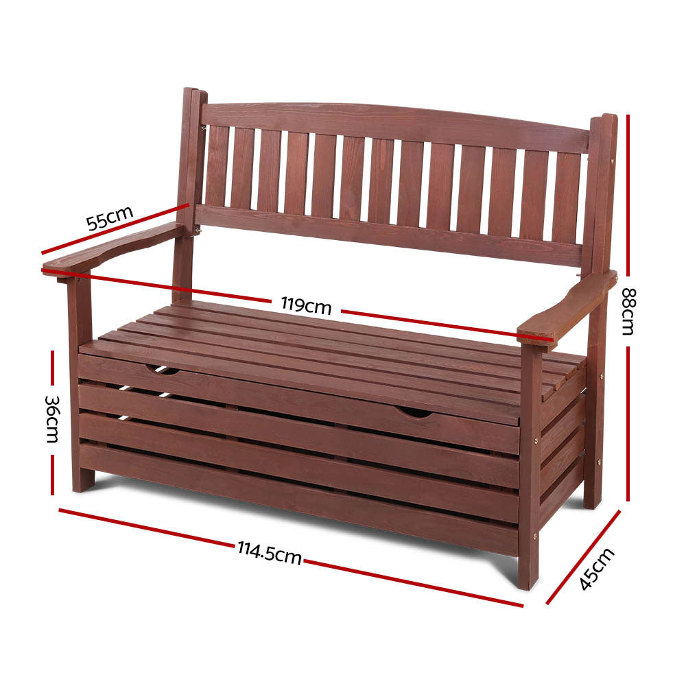 Gardeon Outdoor Storage Bench Box Wooden Garden Chair 2 Seat Timber Furniture Brown