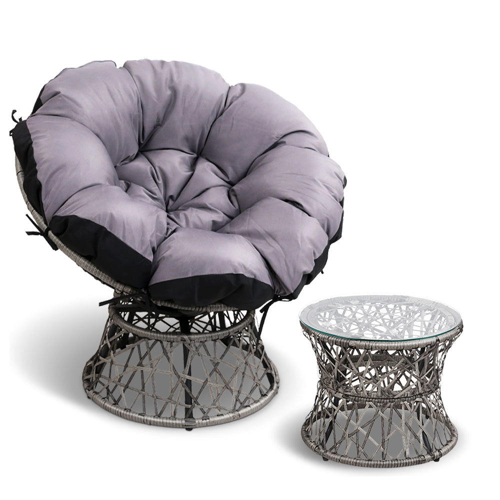 Gardeon Papasan Chair and Side Table - Grey