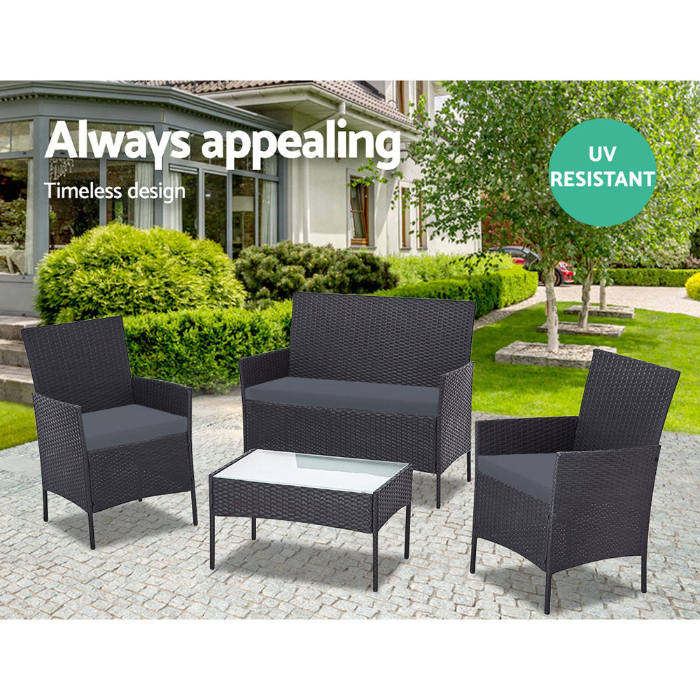 Gardeon Set of 4 Outdoor Rattan Chairs & Table - Black 