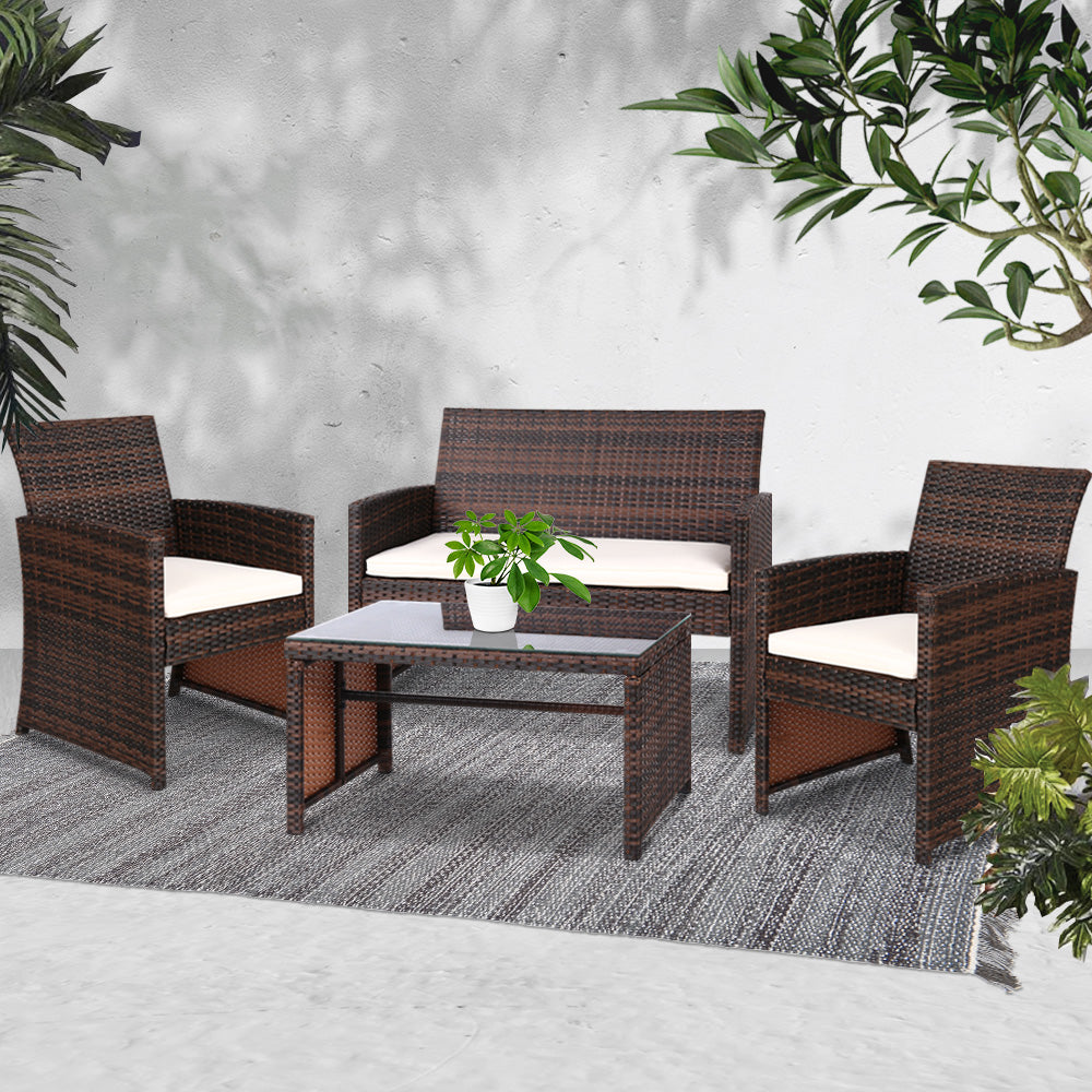 Gardeon Set of 4 Outdoor Rattan Chairs & Table - Brown 