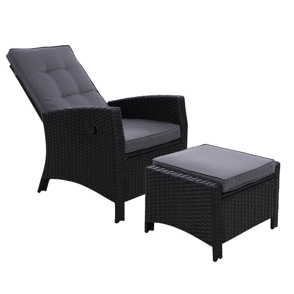 Sun lounge Recliner Chair Wicker Lounger Sofa Day Bed Outdoor Furniture Patio Garden Cushion Ottoman Black Gardeon 