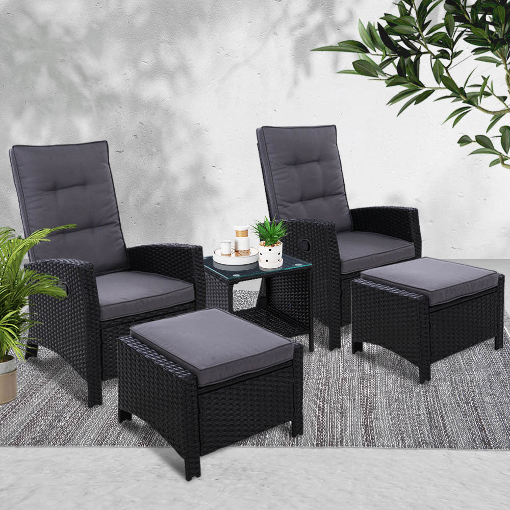 Gardeon Outdoor Patio Furniture Recliner Chairs Table Setting Wicker Lounge 5pc Black