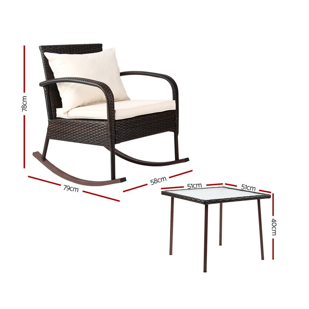 Gardeon 3 Piece Outdoor Chair Rocking Set - Brown