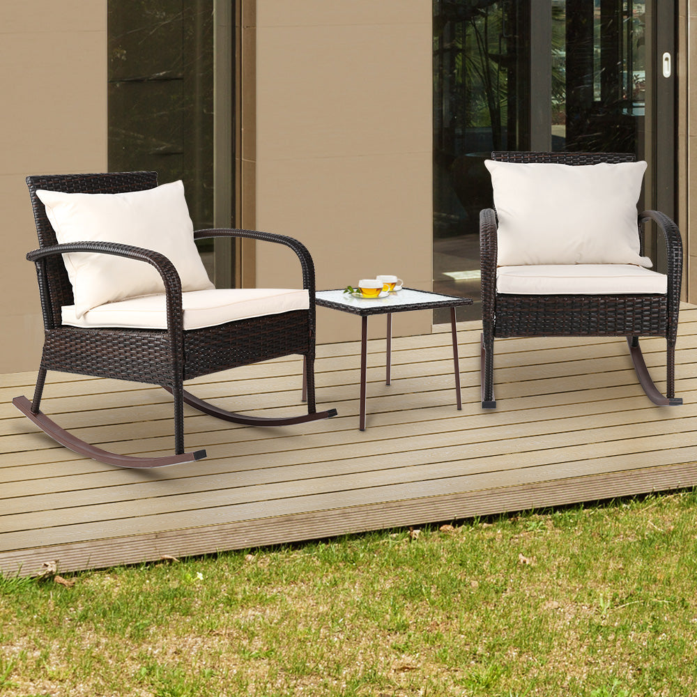 Gardeon 3 Piece Outdoor Chair Rocking Set - Brown