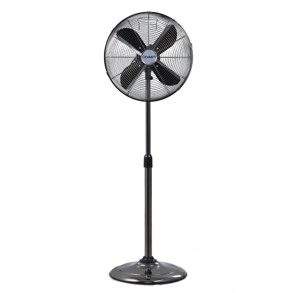 Devanti Metal Pedestal Fan Vintage Portable Fans Oscillating  Chrome 3 Speed Black