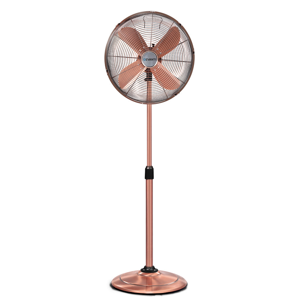 Devanti Metal Pedestal Fan Vintage Portable Fans Oscillating Tilt Chrome 3 Speed Copper