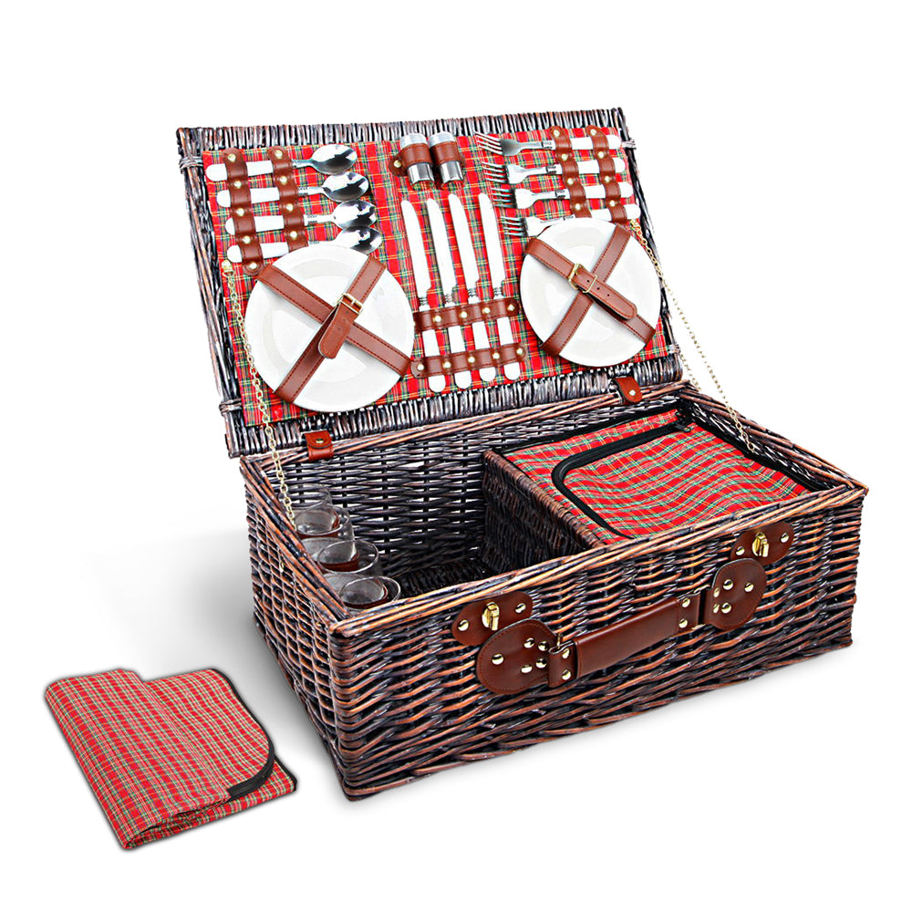 Alfresco 4 Person Picnic Basket Baskets Red Handle Outdoor Corporate Blanket Park