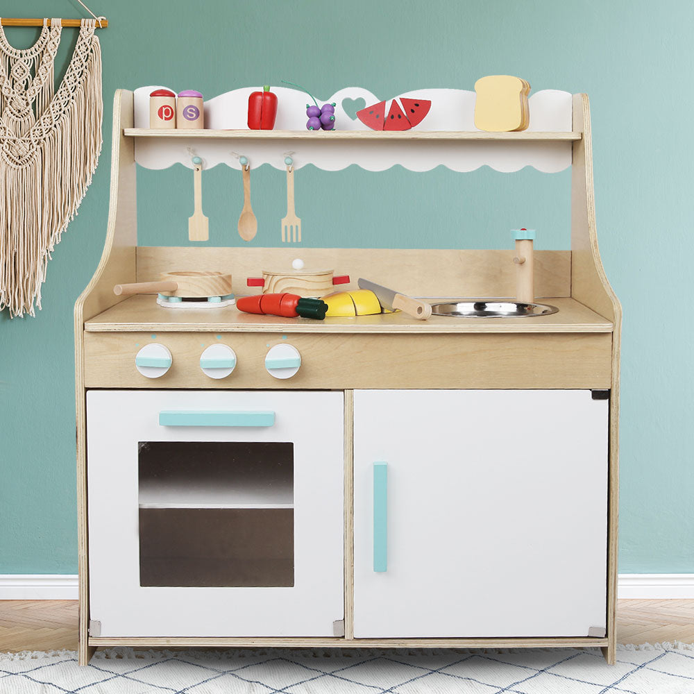 Keezi Kids Wooden Kitchen Play Set - Natural & White