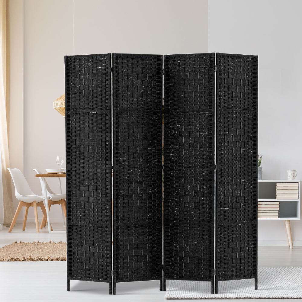 Artiss 4 Panel Room Divider Privacy Screen Rattan Woven Wood Stand Black