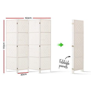 Artiss 4 Panels Room Divider Screen Privacy Rattan Timber Fold Woven Stand White