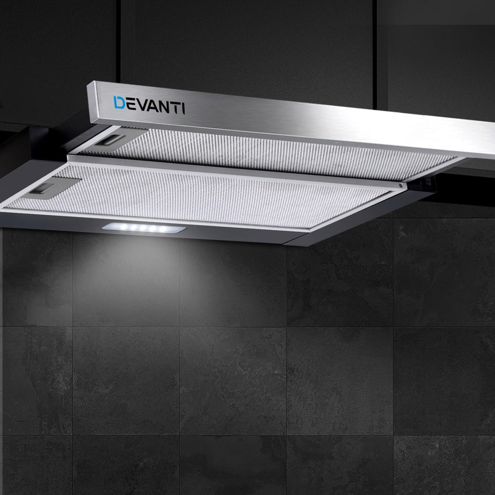 Devanti Rangehood Range Hood Stainless Steel Slide Out Kitchen Canopy 60cm 600mm Black