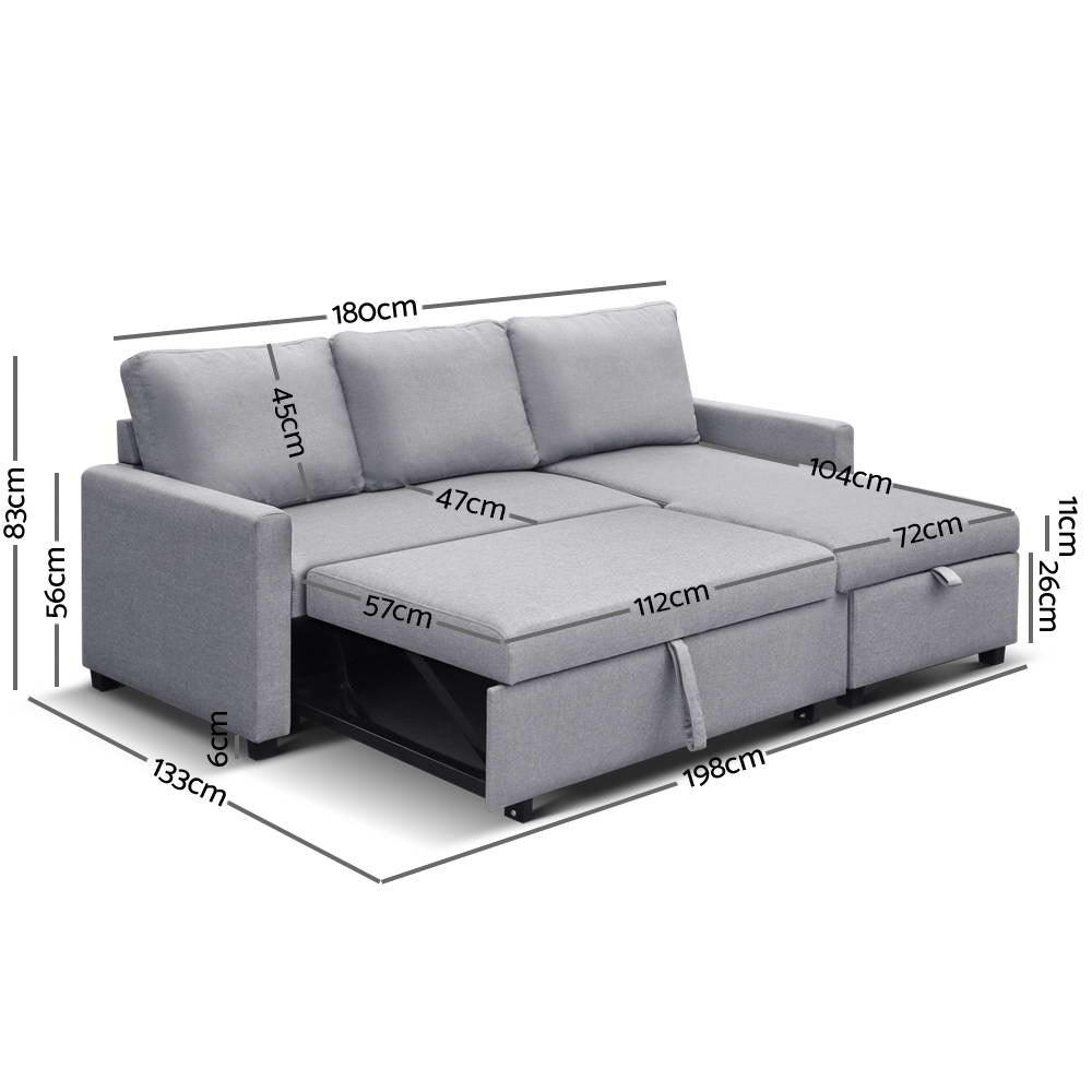 Artiss 3 Seater Fabric Sofa Bed with Storage  - Grey