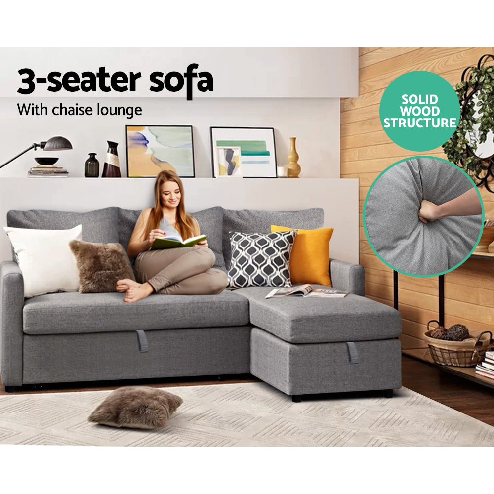 Artiss 3 Seater Fabric Sofa Bed with Storage  - Grey