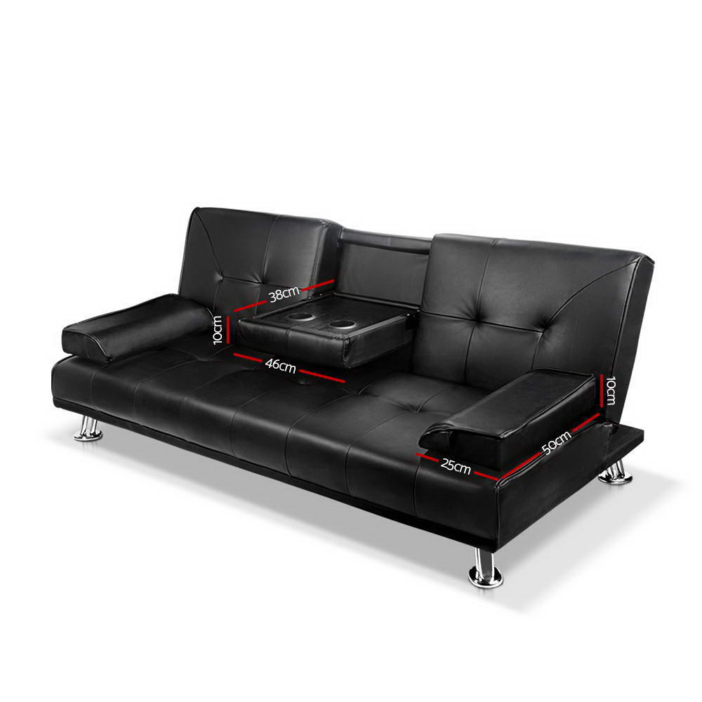 Artiss 3 Seater PU Leather Sofa Bed - Black