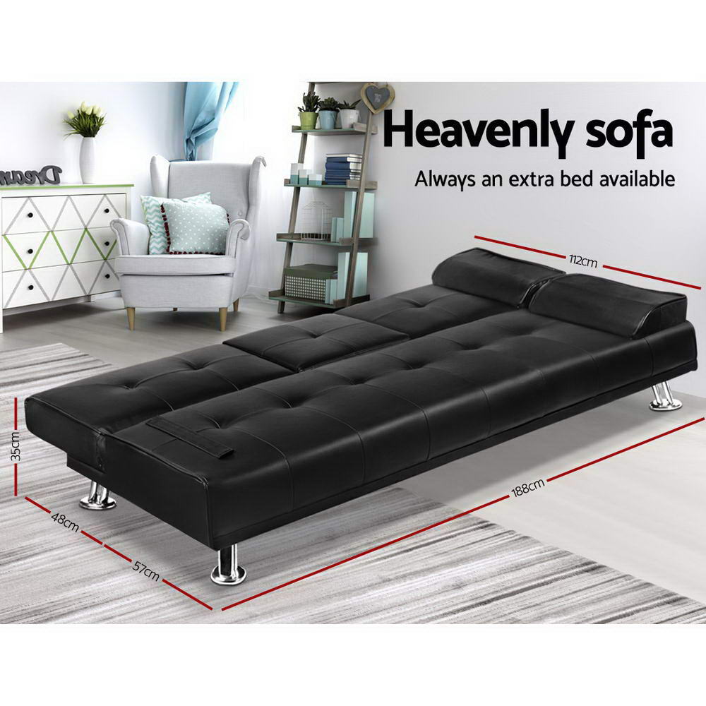 Artiss 3 Seater PU Leather Sofa Bed - Black