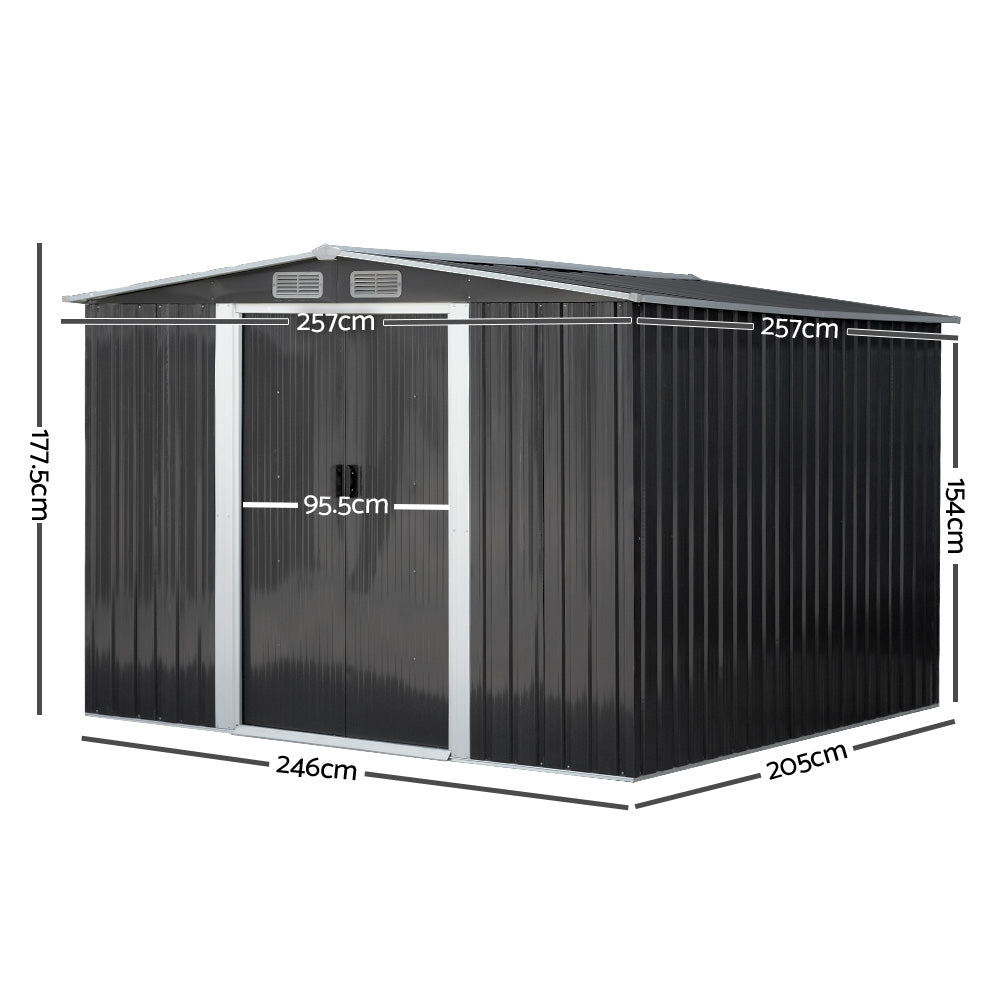 Giantz 2.57 x 2.57m Steel Base Garden Shed - Grey