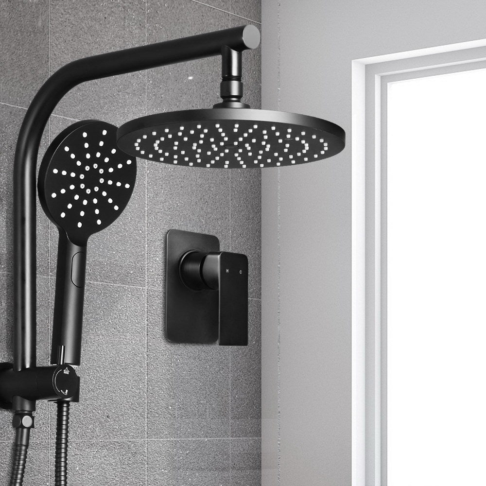 WELS Round 9 inch Rain Shower Head and Mixer Set Bathroom Handheld Spray Bracket Rail Mat Black