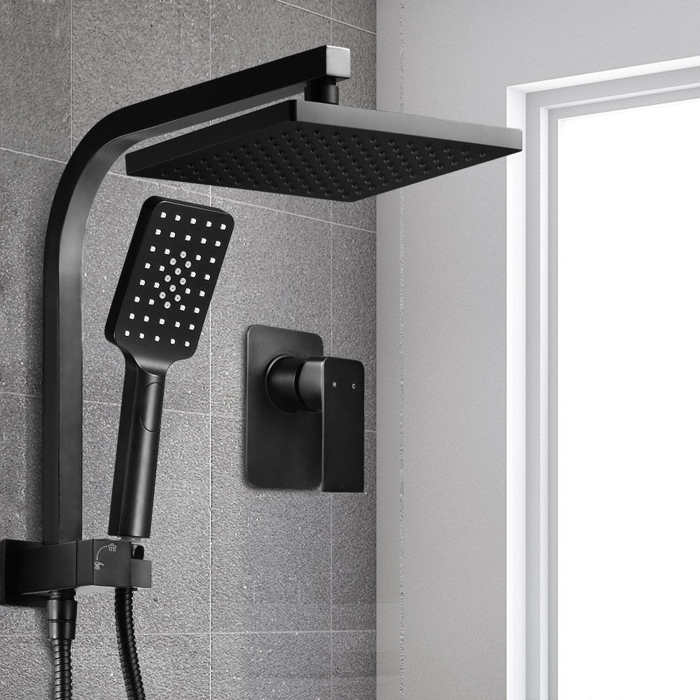 WELS Square 8 inch Rain Shower Head & Mixer Set Bathroom Handheld Spray Bracket Rail Mat Black