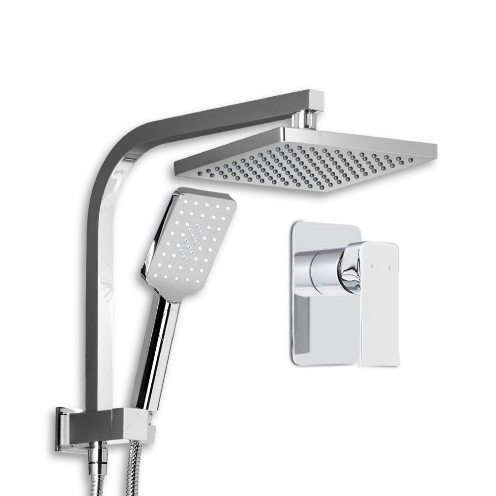 WELS Square 8 inch Rain Shower Head and Mixer Set Bathroom Handheld Spray Bracket Rail Chrome