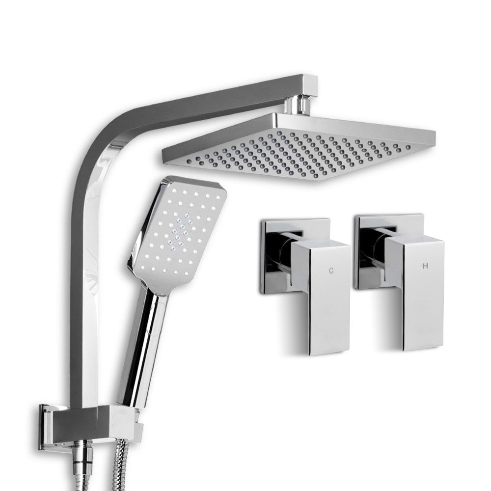 WELS Square 8 inch Rain Shower Head and Taps Set Bathroom Handheld Spray Bracket Rail Chrome