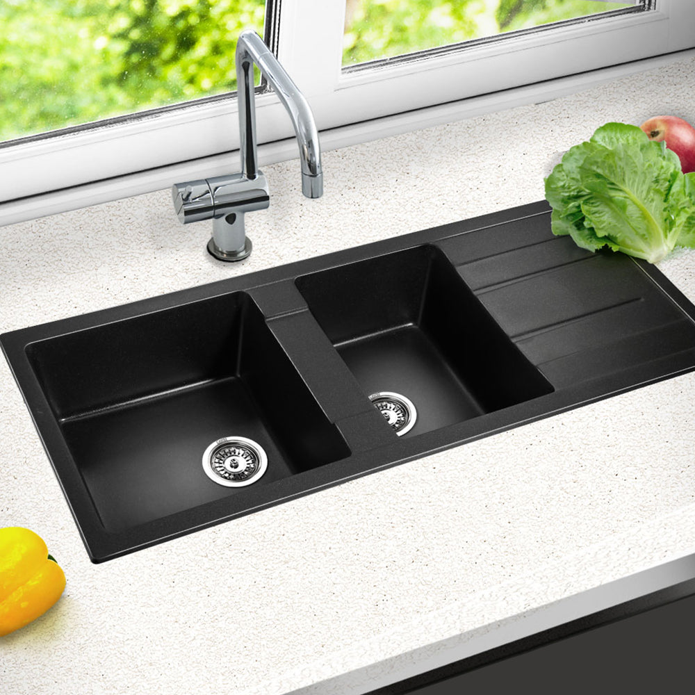 Cefito 1160 x 500mm Granite Stone Double Sink - Black