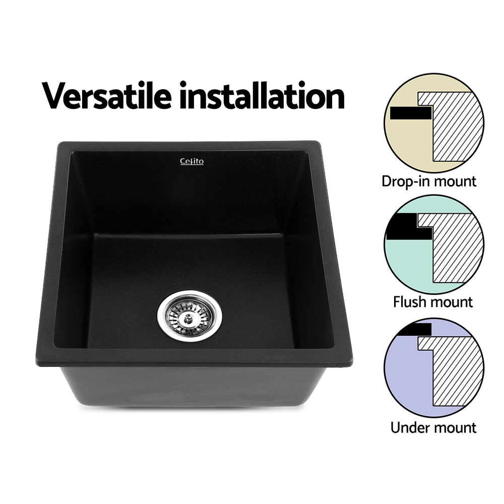 Cefito Kitchen Sink Stone Granite Laundry Top/Undermount Singe Black 450x450mm